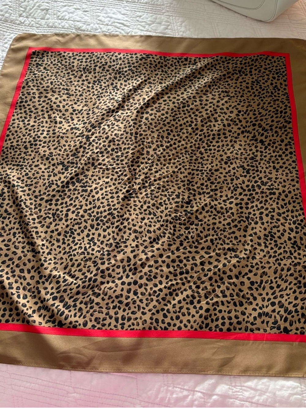 Leopard Print scarf in Tan and Black with Red Trim